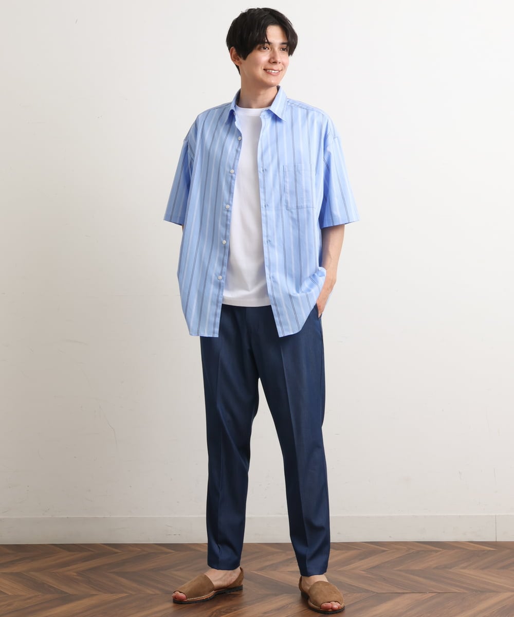 KHBGS63059 a.v.v MEN(アー・ヴェ・ヴェ) ストライプワイドシルエットシャツ(五分袖) ブルー