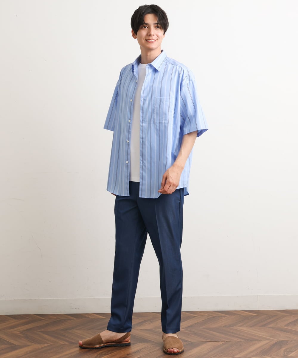KHBGS63059 a.v.v MEN(アー・ヴェ・ヴェ) ストライプワイドシルエットシャツ(五分袖) ブルー