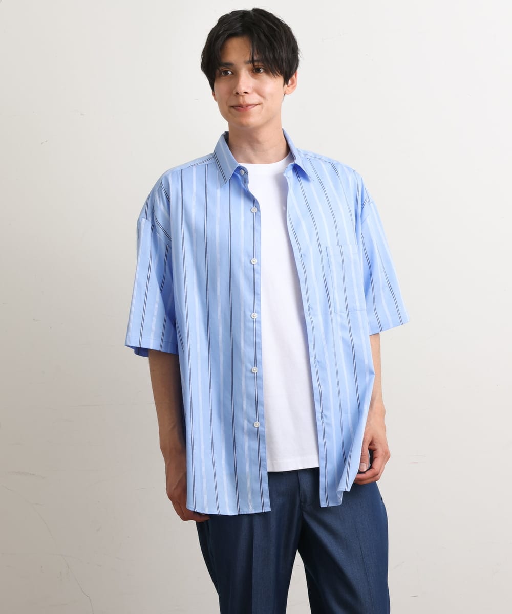 KHBGS63059 a.v.v MEN(アー・ヴェ・ヴェ) ストライプワイドシルエットシャツ(五分袖) ブルー