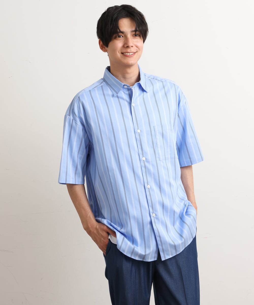 KHBGS63059 a.v.v MEN(アー・ヴェ・ヴェ) ストライプワイドシルエットシャツ(五分袖) ブルー