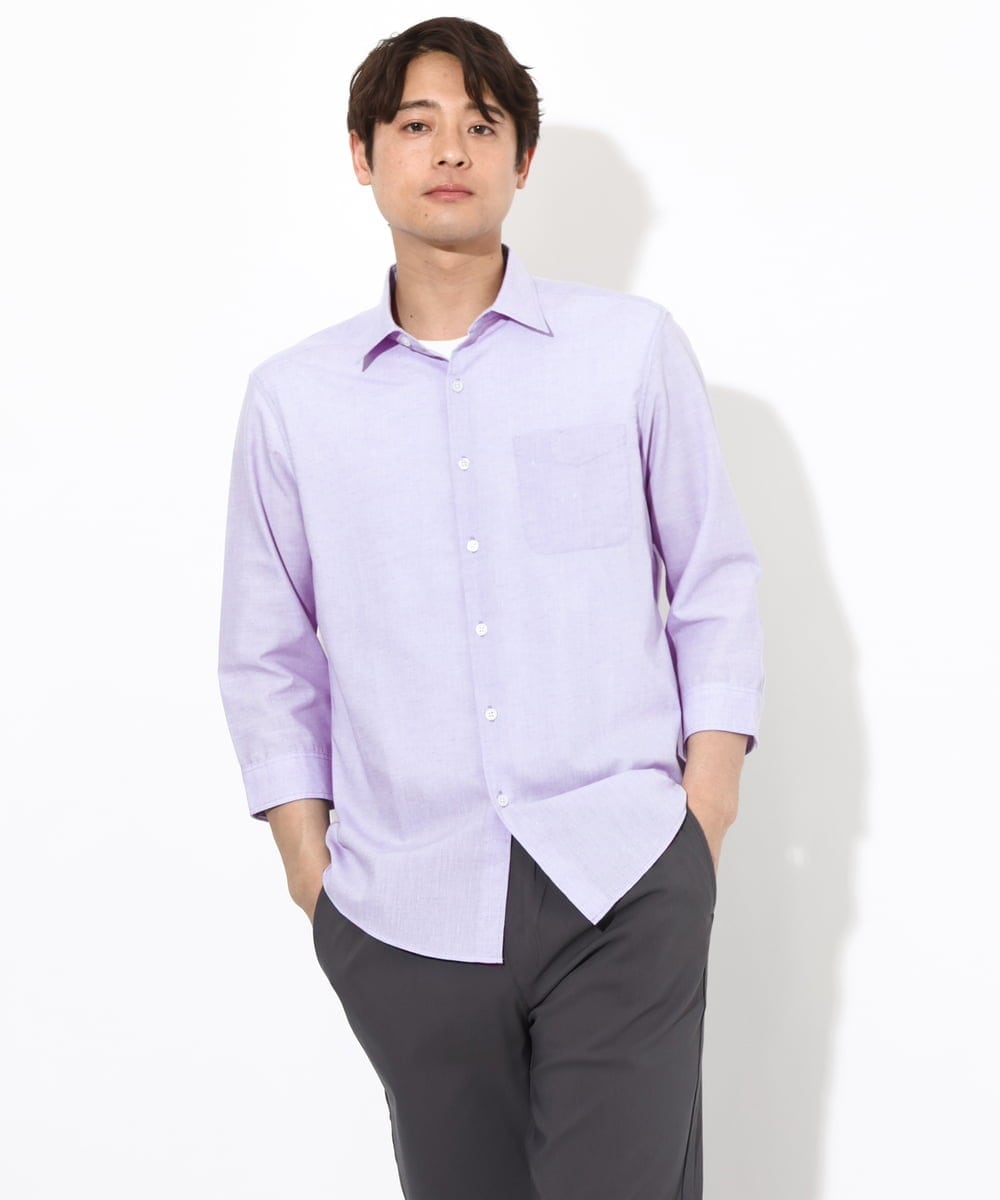 KHBGV30044 a.v.v MEN(アー・ヴェ・ヴェ) 【定番アイテム】リネン混シャツ 7分袖（さらリネシリーズ） オレンジ