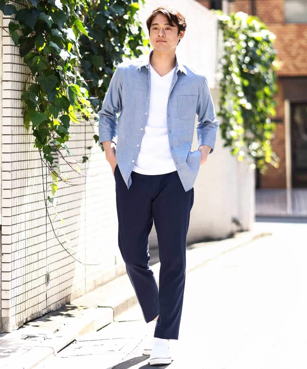 KHBGV30044 a.v.v MEN(アー・ヴェ・ヴェ) 【定番アイテム】リネン混シャツ 7分袖（さらリネシリーズ） オレンジ