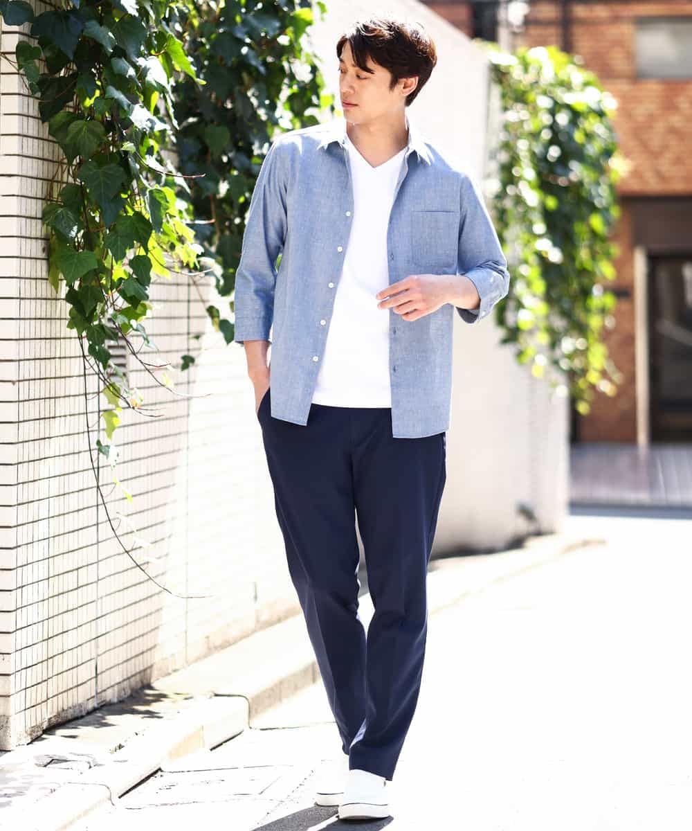 KHBGV30044 a.v.v MEN(アー・ヴェ・ヴェ) 【定番アイテム】リネン混シャツ 7分袖（さらリネシリーズ） オレンジ