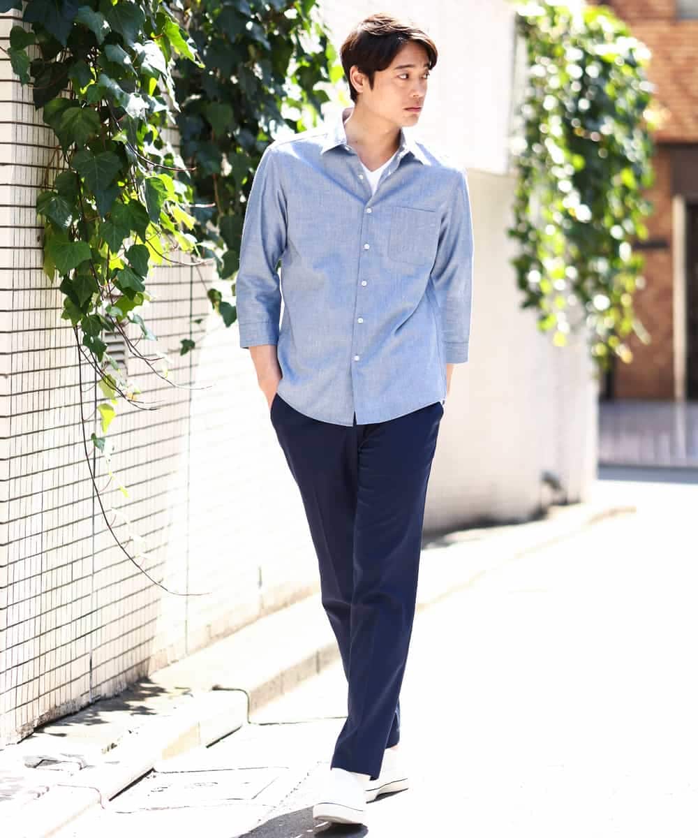 KHBGV30044 a.v.v MEN(アー・ヴェ・ヴェ) 【定番アイテム】リネン混シャツ 7分袖（さらリネシリーズ） オレンジ