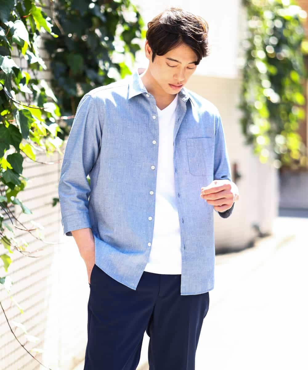 KHBGV30044 a.v.v MEN(アー・ヴェ・ヴェ) 【定番アイテム】リネン混シャツ 7分袖（さらリネシリーズ） オレンジ