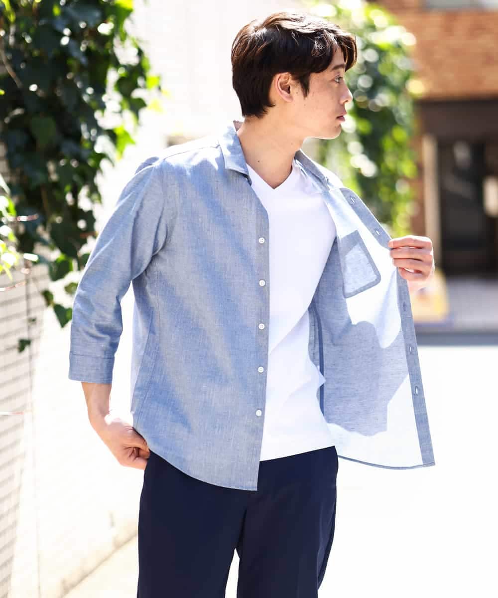 KHBGV30044 a.v.v MEN(アー・ヴェ・ヴェ) 【定番アイテム】リネン混シャツ 7分袖（さらリネシリーズ） オレンジ
