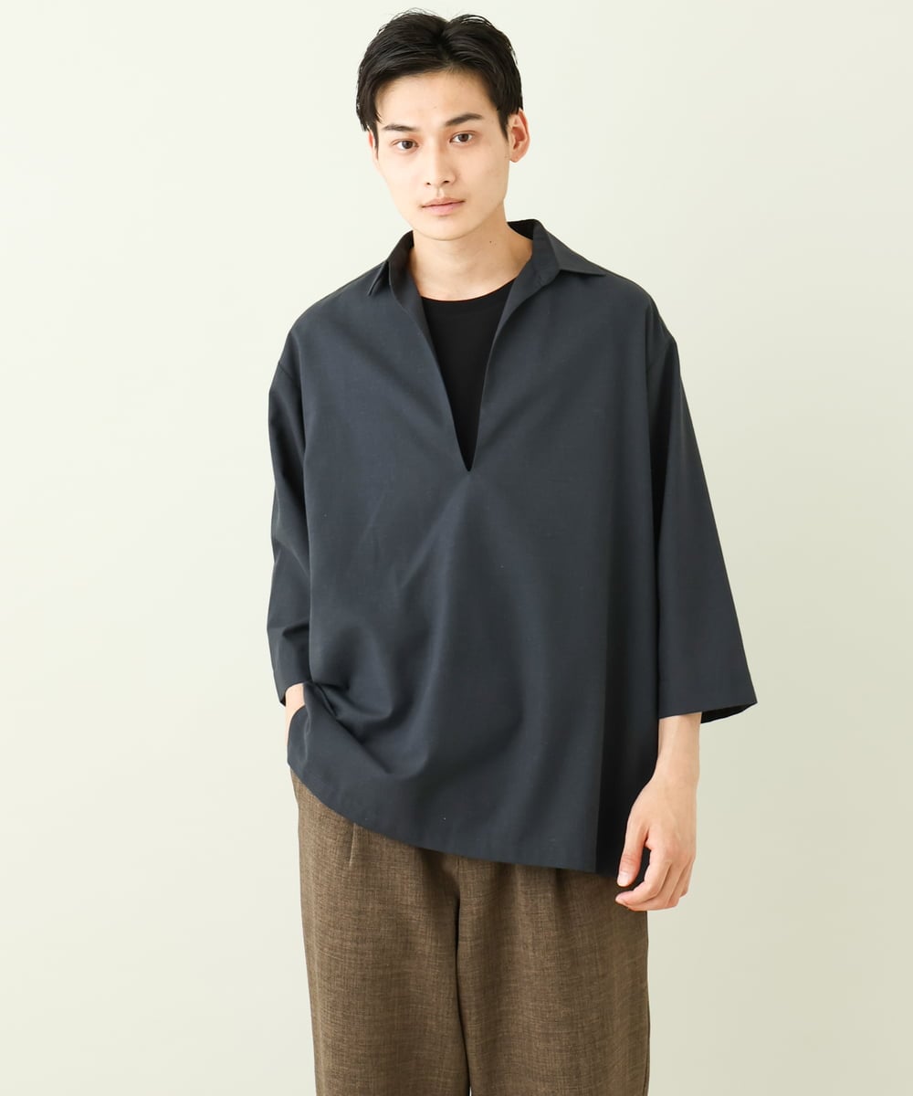 KHBGV32059 a.v.v MEN(アー・ヴェ・ヴェ) 【シワになりにくい】リネン混Ｖネックスキッパーシャツ 7分袖（さらリネシリーズ） ホワイト