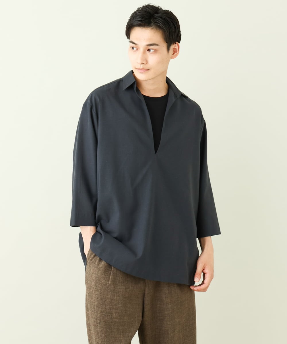 KHBGV32059 a.v.v MEN(アー・ヴェ・ヴェ) 【シワになりにくい】リネン混Ｖネックスキッパーシャツ 7分袖（さらリネシリーズ） ホワイト