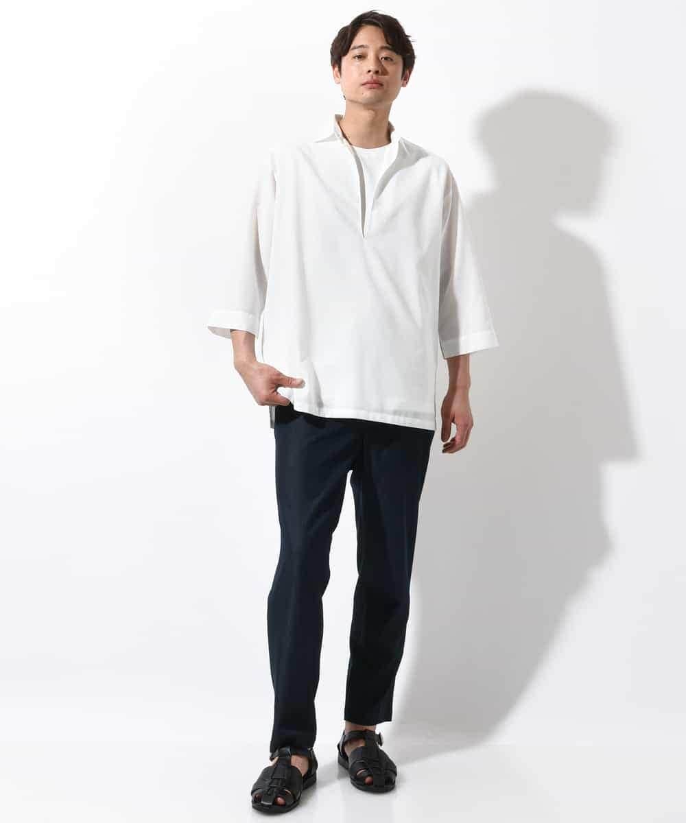 KHBGV32059 a.v.v MEN(アー・ヴェ・ヴェ) 【シワになりにくい】リネン混Ｖネックスキッパーシャツ 7分袖（さらリネシリーズ） ホワイト