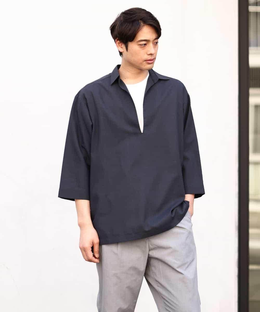 KHBGV32059 a.v.v MEN(アー・ヴェ・ヴェ) 【シワになりにくい】リネン混Ｖネックスキッパーシャツ 7分袖（さらリネシリーズ） ホワイト