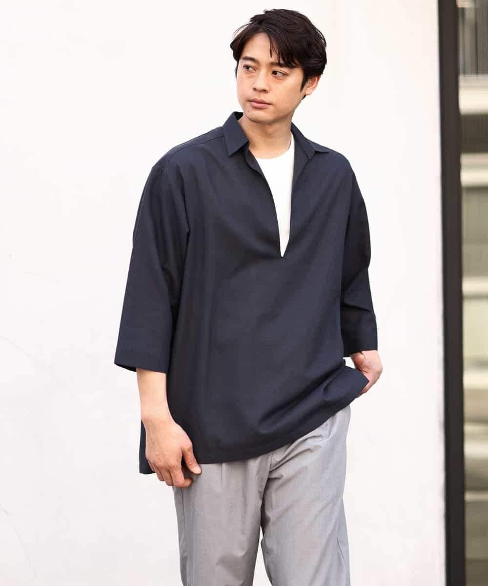KHBGV32059 a.v.v MEN(アー・ヴェ・ヴェ) 【シワになりにくい】リネン混Ｖネックスキッパーシャツ 7分袖（さらリネシリーズ） ホワイト