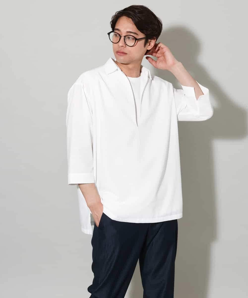 KHBGV32059 a.v.v MEN(アー・ヴェ・ヴェ) 【シワになりにくい】リネン混Ｖネックスキッパーシャツ 7分袖（さらリネシリーズ） ホワイト