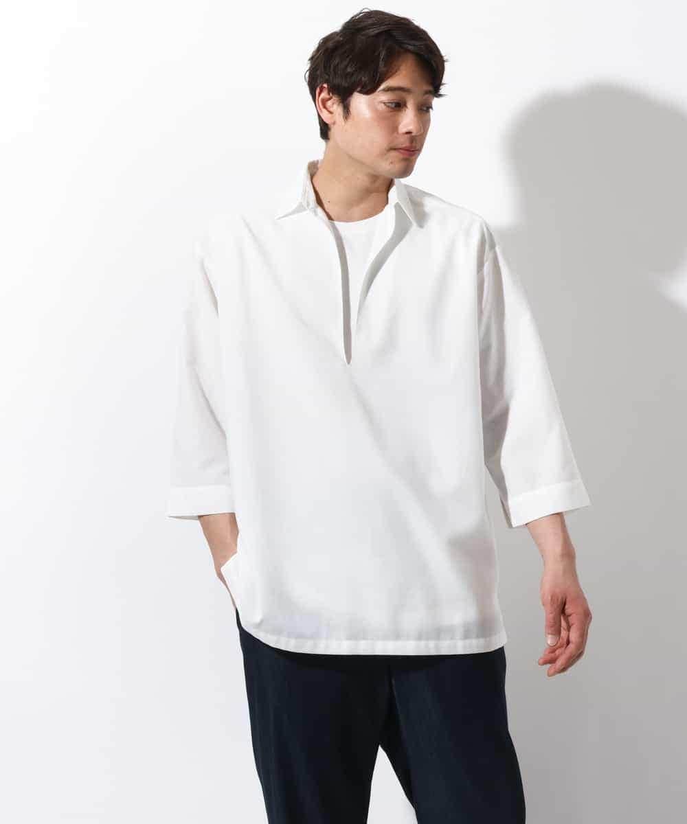 KHBGV32059 a.v.v MEN(アー・ヴェ・ヴェ) 【シワになりにくい】リネン混Ｖネックスキッパーシャツ 7分袖（さらリネシリーズ） ホワイト