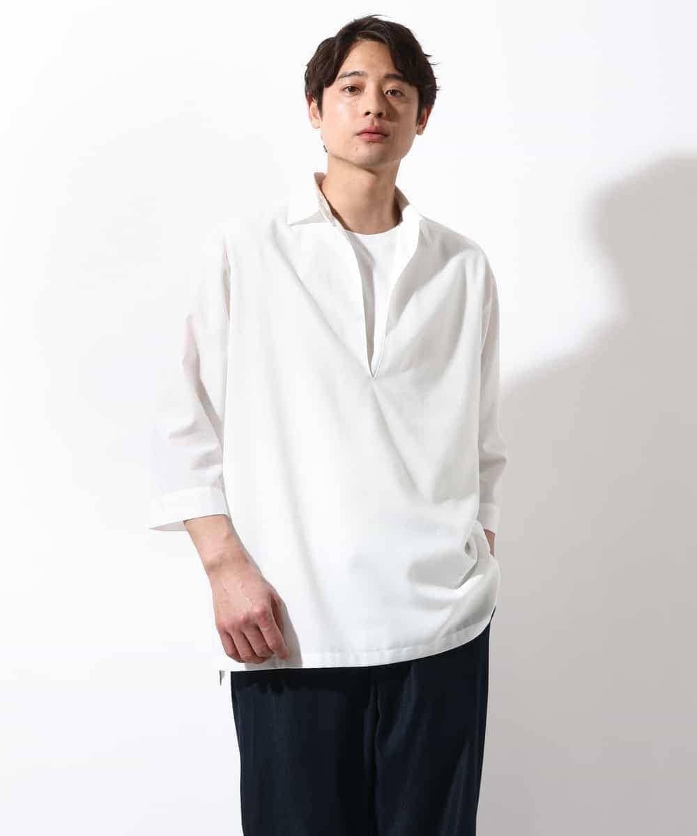 KHBGV32059 a.v.v MEN(アー・ヴェ・ヴェ) 【シワになりにくい】リネン混Ｖネックスキッパーシャツ 7分袖（さらリネシリーズ） ホワイト
