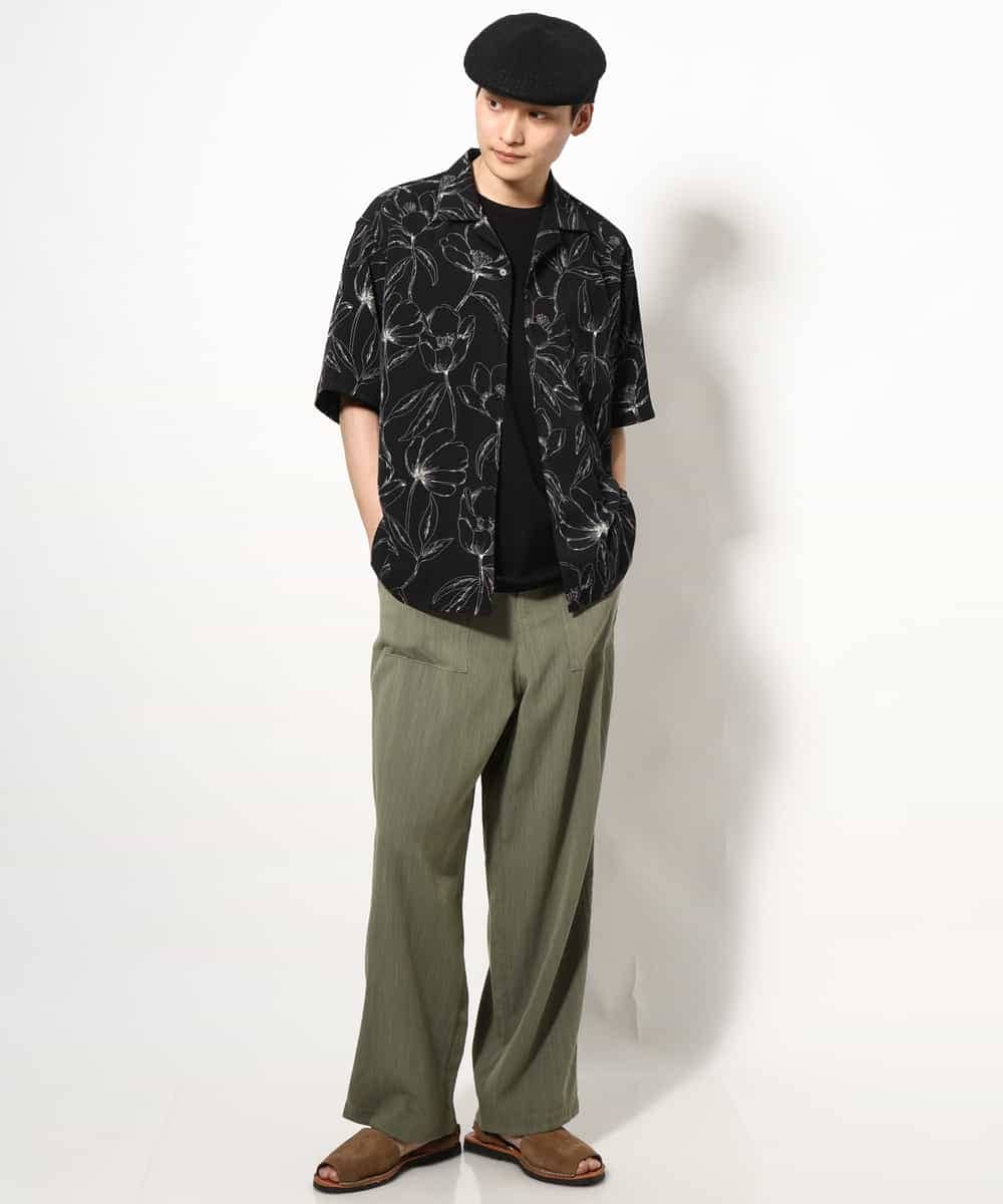 KHBGV48059 a.v.v MEN(アー・ヴェ・ヴェ) 【大人上品シャツ】線画フラワーオープンカラーシャツ 5分袖 ベージュ
