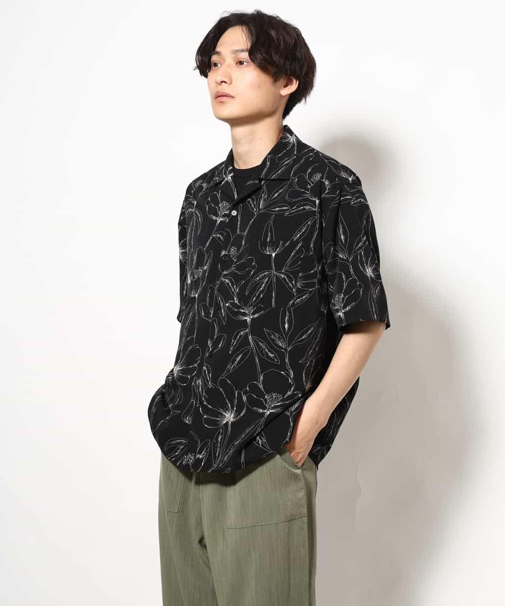 KHBGV48059 a.v.v MEN(アー・ヴェ・ヴェ) 【大人上品シャツ】線画フラワーオープンカラーシャツ 5分袖 ベージュ