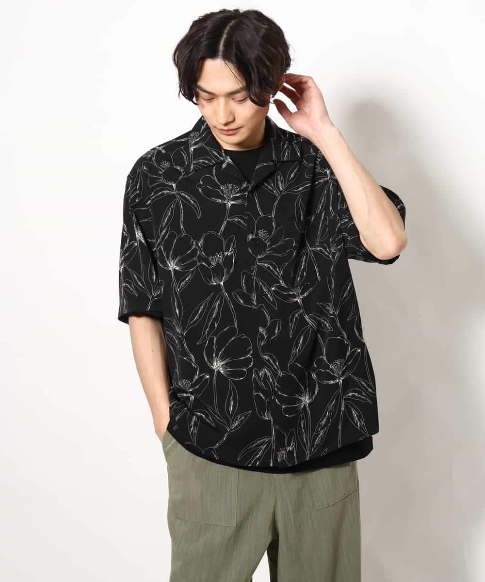 KHBGV48059 a.v.v MEN(アー・ヴェ・ヴェ) 【大人上品シャツ】線画フラワーオープンカラーシャツ 5分袖 ベージュ