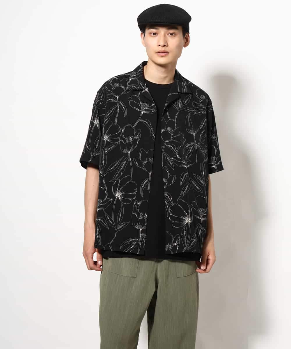 KHBGV48059 a.v.v MEN(アー・ヴェ・ヴェ) 【大人上品シャツ】線画フラワーオープンカラーシャツ 5分袖 ベージュ