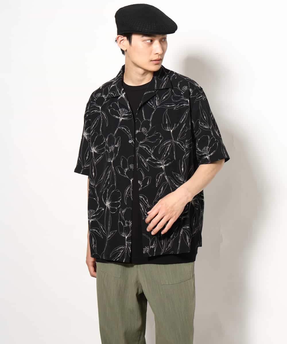 KHBGV48059 a.v.v MEN(アー・ヴェ・ヴェ) 【大人上品シャツ】線画フラワーオープンカラーシャツ 5分袖 ベージュ