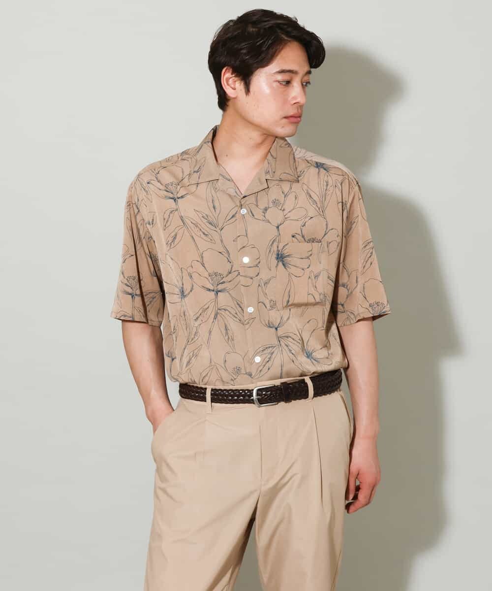 KHBGV48059 a.v.v MEN(アー・ヴェ・ヴェ) 【大人上品シャツ】線画フラワーオープンカラーシャツ 5分袖 ベージュ