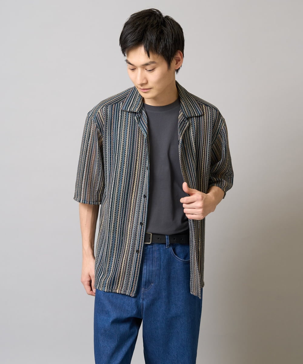 KHBGV58069 a.v.v MEN(アー・ヴェ・ヴェ) 【洗濯機で洗える】ラッセルレースオープンカラーシャツ ５分袖 グリーン