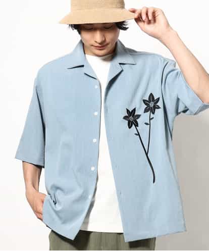 KHBGV59069  【トレンド】フラワー刺繍オープンカラーシャツ 五分袖