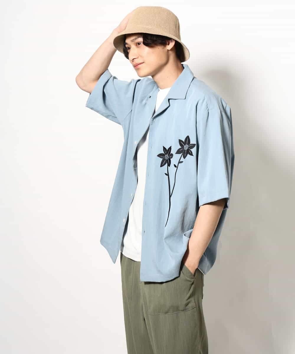 KHBGV59069 a.v.v MEN(アー・ヴェ・ヴェ) 【接触冷感】フラワー刺繍オープンカラーシャツ 5分袖 ライトブルー