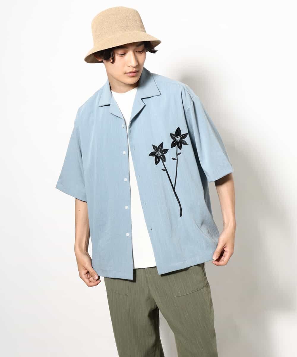 KHBGV59069 a.v.v MEN(アー・ヴェ・ヴェ) 【接触冷感】フラワー刺繍オープンカラーシャツ 5分袖 ライトブルー