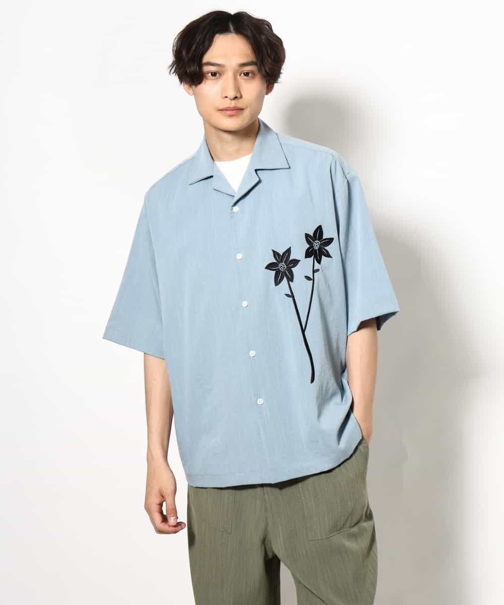 KHBGV59069 a.v.v MEN(アー・ヴェ・ヴェ) 【接触冷感】フラワー刺繍オープンカラーシャツ 5分袖 ライトブルー