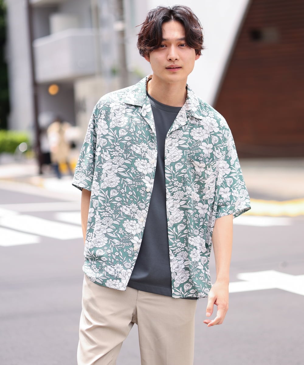 KHBHS13059 a.v.v MEN(アー・ヴェ・ヴェ) 【接触冷感】フラワープリントオープンカラーシャツ(五分袖) オレンジ