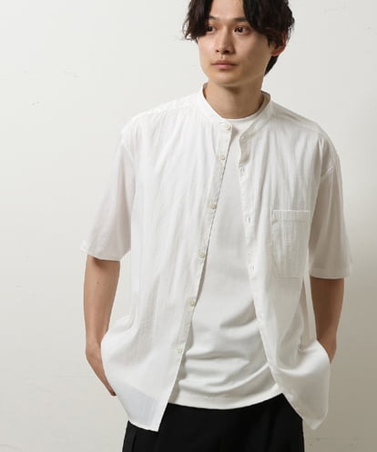 KHBHS83059  【白シャツ】バンドカラー半袖シャツ
