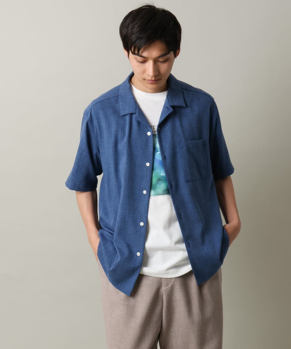 KHBHV65059 a.v.v MEN(アー・ヴェ・ヴェ) メランジオープンカラーシャツ 5分袖 ブルー