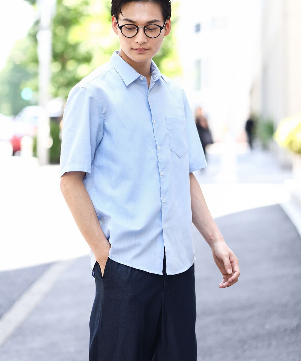 KHBHV70044 a.v.v MEN(アー・ヴェ・ヴェ) 【定番アイテム】リネン混シャツ　半袖（さらリネシリーズ） ライトブルー