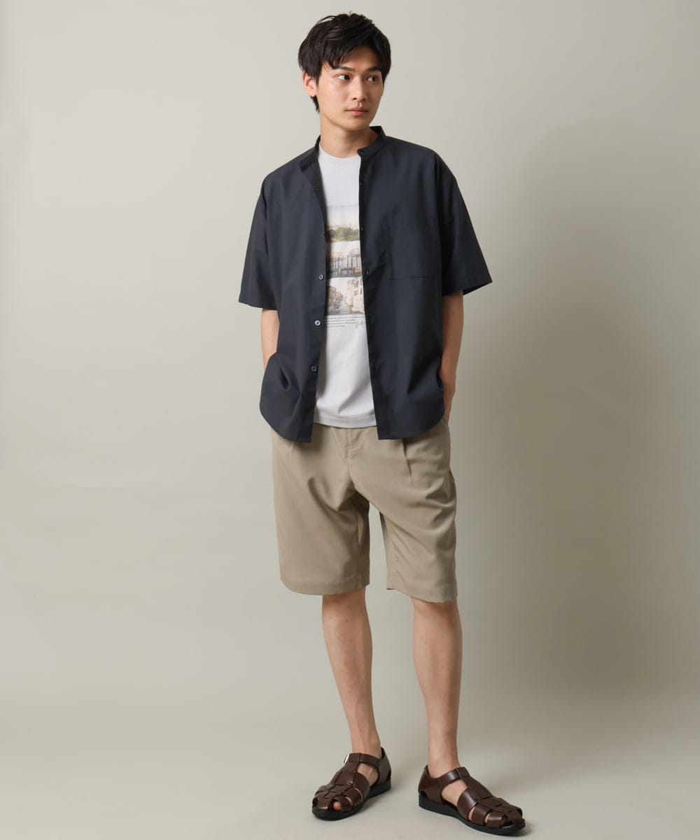 KHBHV72049 a.v.v MEN(アー・ヴェ・ヴェ) 【シワになりにくい】リネン混バンドカラーシャツ　半袖（さらリネシリーズ） グレージュ