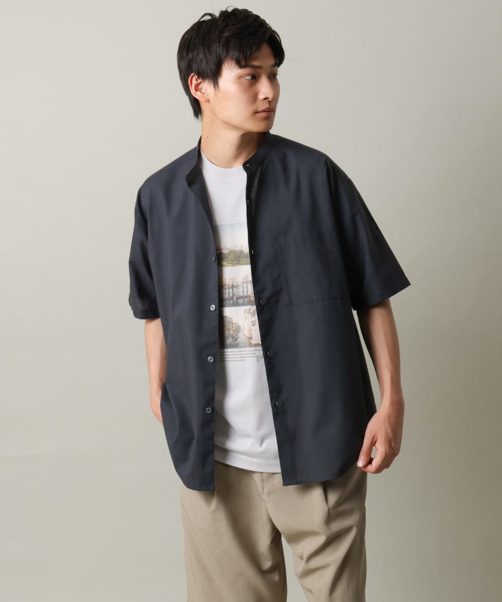KHBHV72049 a.v.v MEN(アー・ヴェ・ヴェ) 【シワになりにくい】リネン混バンドカラーシャツ　半袖（さらリネシリーズ） グレージュ