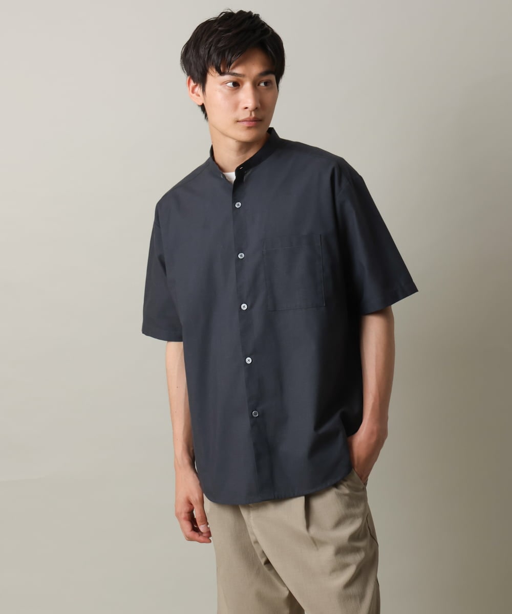 KHBHV72049 a.v.v MEN(アー・ヴェ・ヴェ) 【シワになりにくい】リネン混バンドカラーシャツ　半袖（さらリネシリーズ） グレージュ