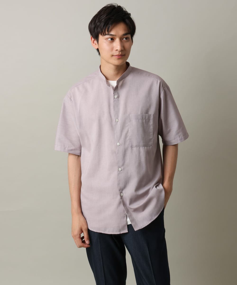 KHBHV72049 a.v.v MEN(アー・ヴェ・ヴェ) 【シワになりにくい】リネン混バンドカラーシャツ　半袖（さらリネシリーズ） グレージュ