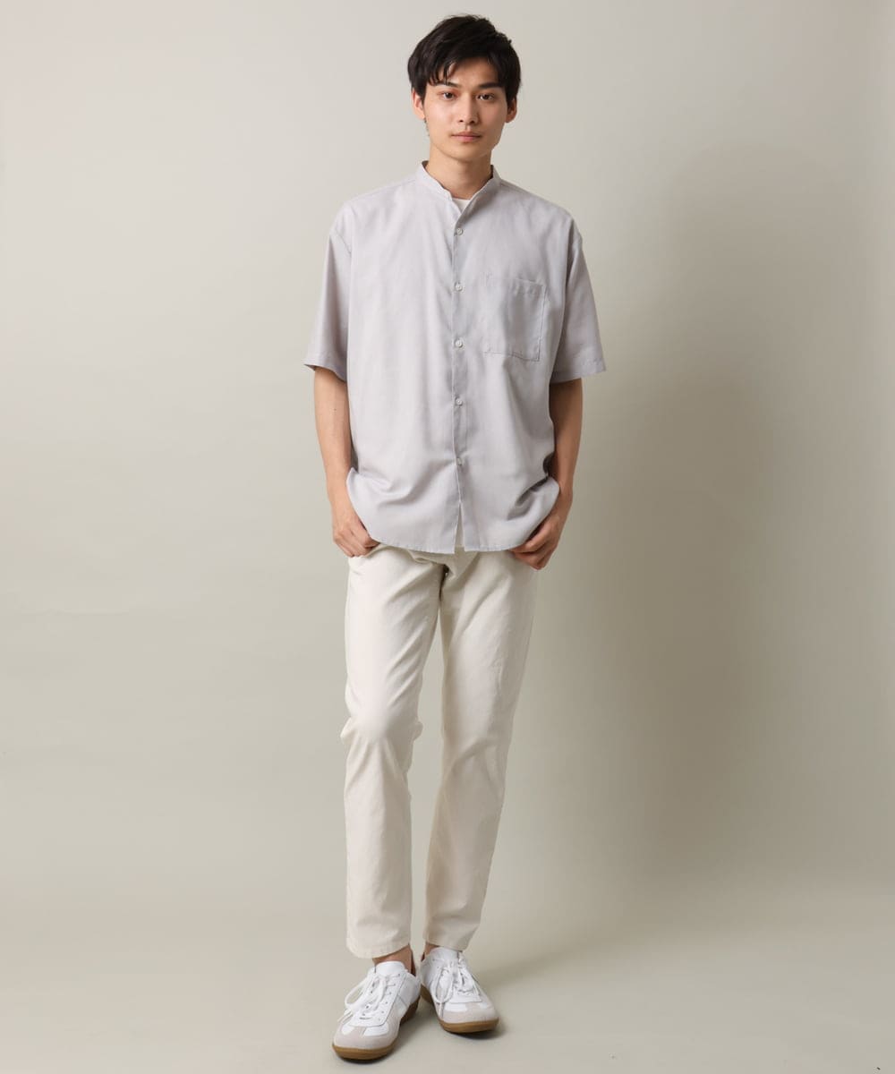 KHBHV72049 a.v.v MEN(アー・ヴェ・ヴェ) 【シワになりにくい】リネン混バンドカラーシャツ　半袖（さらリネシリーズ） グレージュ