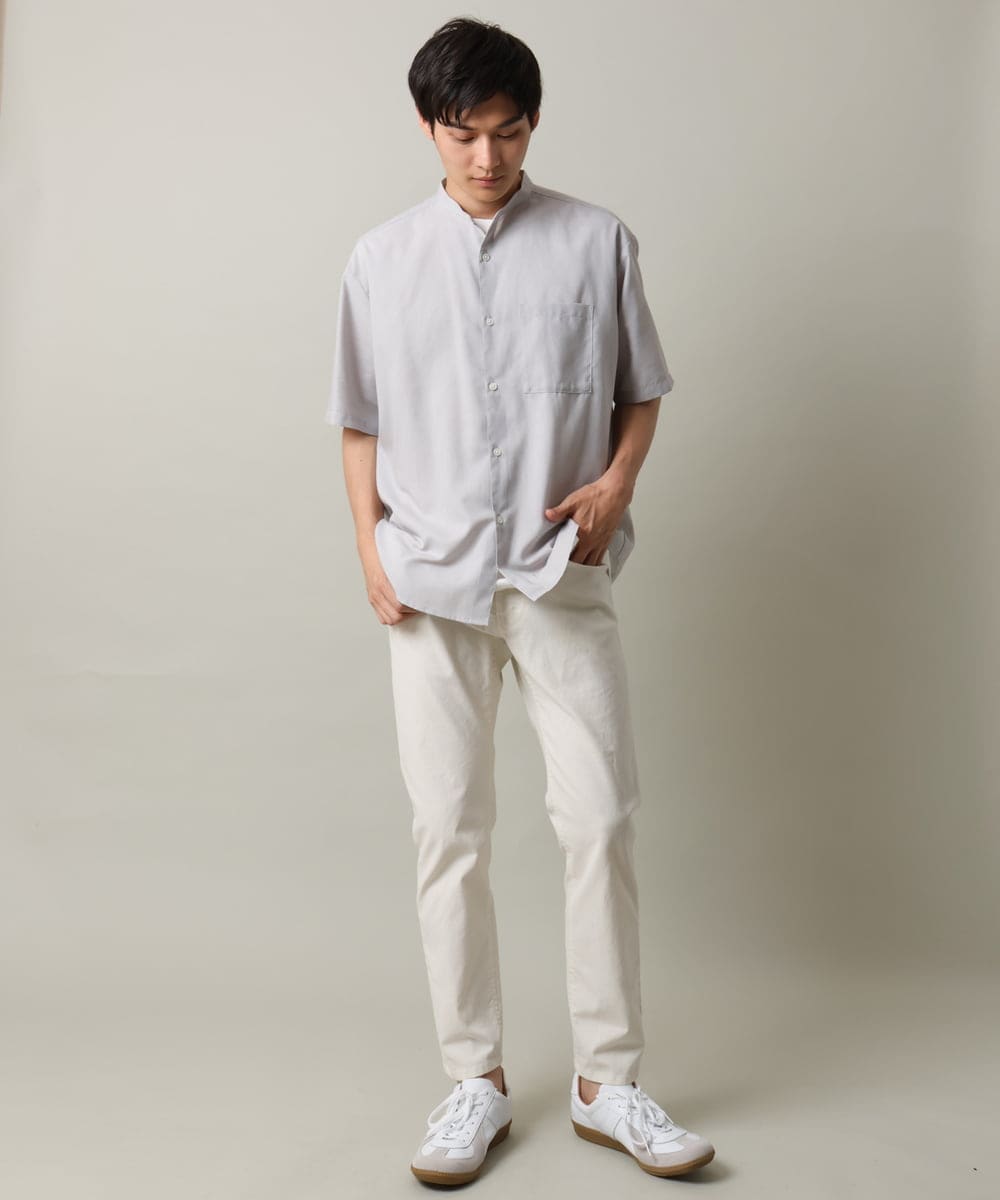 KHBHV72049 a.v.v MEN(アー・ヴェ・ヴェ) 【シワになりにくい】リネン混バンドカラーシャツ　半袖（さらリネシリーズ） グレージュ