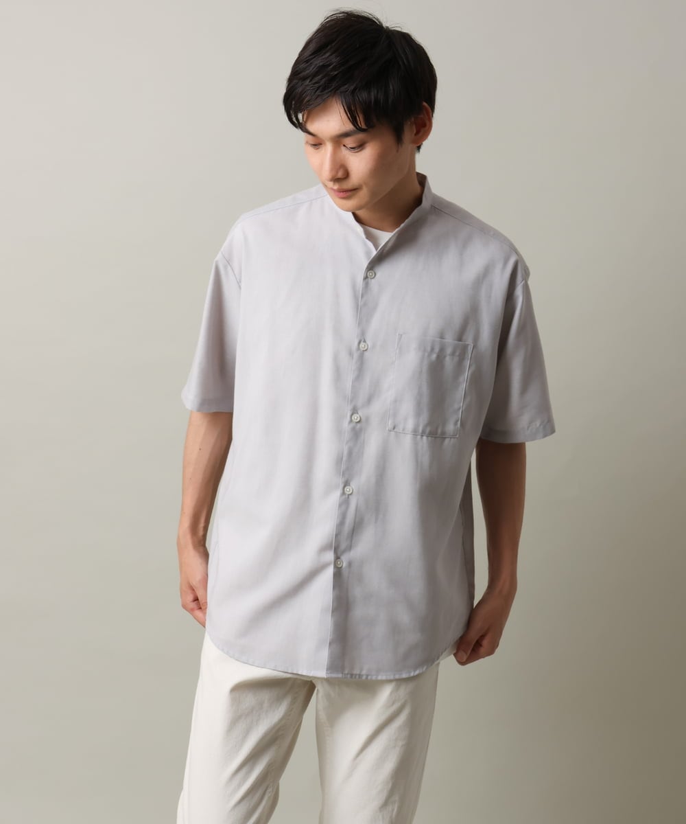 KHBHV72049 a.v.v MEN(アー・ヴェ・ヴェ) 【シワになりにくい】リネン混バンドカラーシャツ　半袖（さらリネシリーズ） グレージュ