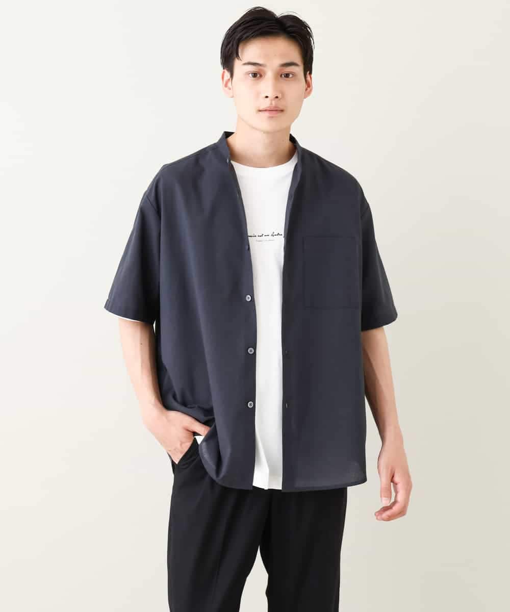 KHBHV72049 a.v.v MEN(アー・ヴェ・ヴェ) 【シワになりにくい】リネン混バンドカラーシャツ　半袖（さらリネシリーズ） グレージュ