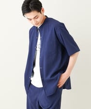 KHBHV77049 a.v.v MEN(アー・ヴェ・ヴェ) 【接触冷感】バンドカラーシャツ 5分袖（セットアップ可）リライトシリーズ3 ブルー