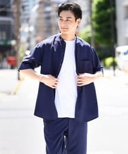 KHBHV77049 a.v.v MEN(アー・ヴェ・ヴェ) 【接触冷感】バンドカラーシャツ 5分袖（セットアップ可）リライトシリーズ3 ダークブルー