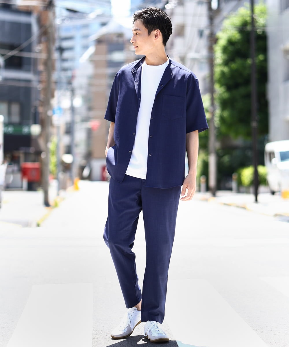 KHBHV77049 a.v.v MEN(アー・ヴェ・ヴェ) 【接触冷感】バンドカラーシャツ 5分袖（セットアップ可）リライトシリーズ3 ベージュ