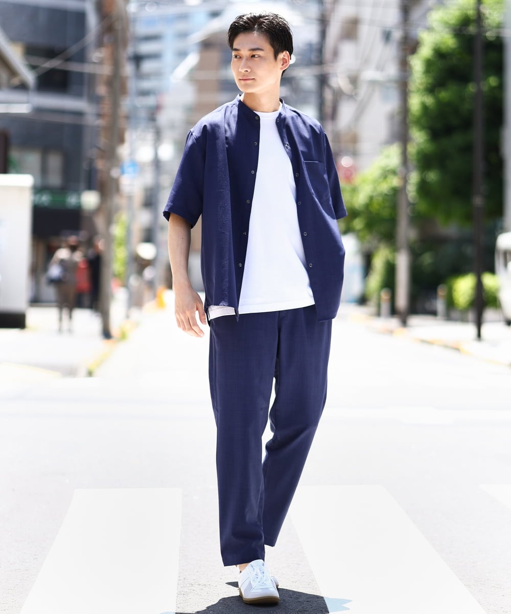 KHBHV77049 a.v.v MEN(アー・ヴェ・ヴェ) 【接触冷感】バンドカラーシャツ 5分袖（セットアップ可）リライトシリーズ3 ベージュ