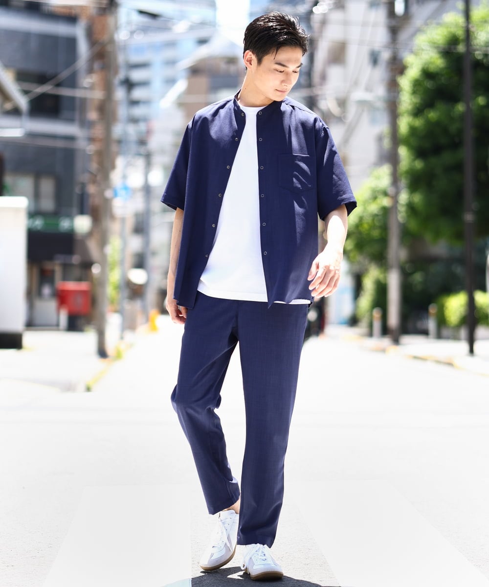 KHBHV77049 a.v.v MEN(アー・ヴェ・ヴェ) 【接触冷感】バンドカラーシャツ 5分袖（セットアップ可）リライトシリーズ3 ベージュ