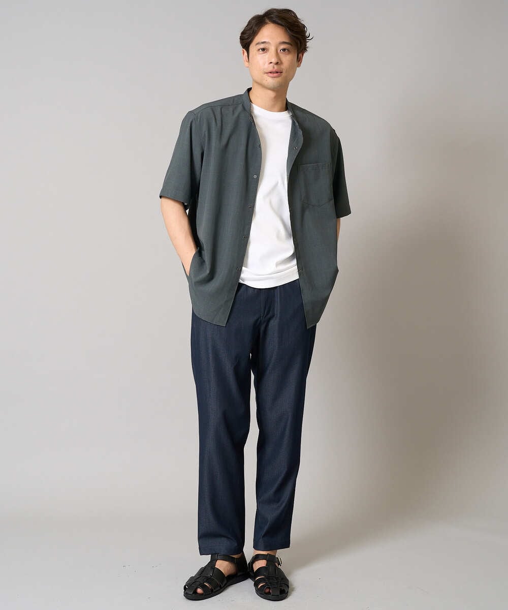 KHBHV77049 a.v.v MEN(アー・ヴェ・ヴェ) 【接触冷感】バンドカラーシャツ 5分袖（セットアップ可）リライトシリーズ3 ベージュ