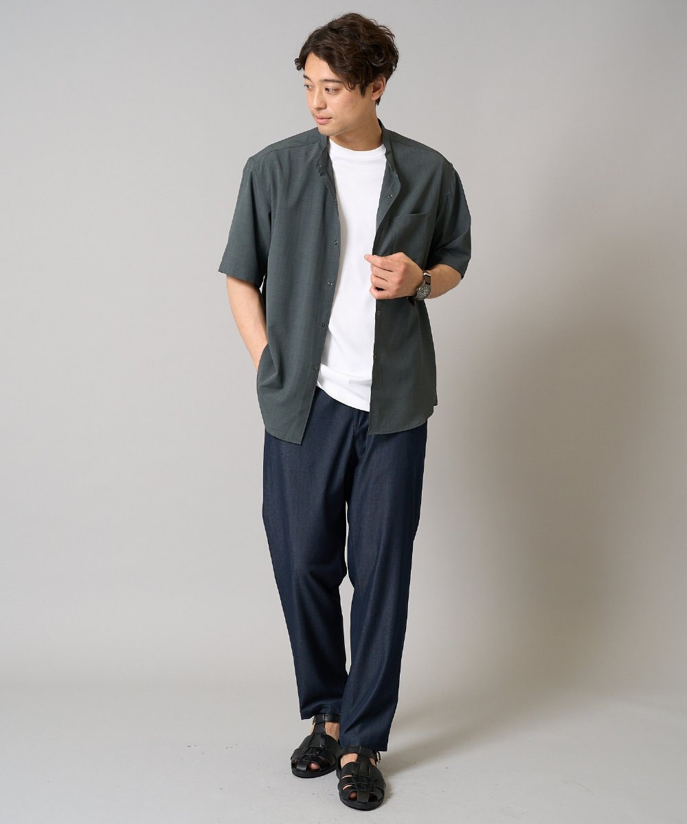KHBHV77049 a.v.v MEN(アー・ヴェ・ヴェ) 【接触冷感】バンドカラーシャツ 5分袖（セットアップ可）リライトシリーズ3 ベージュ