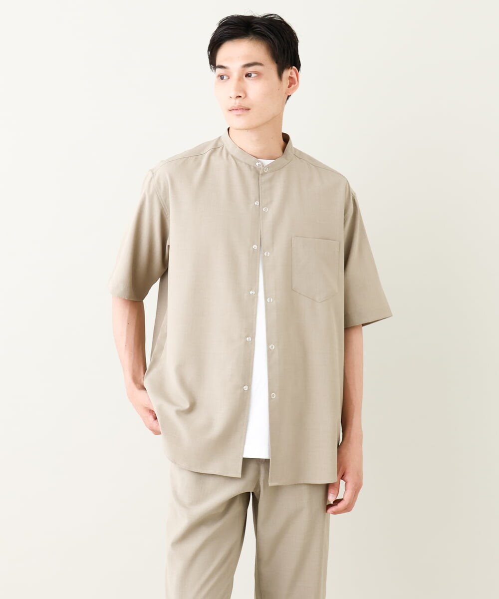 KHBHV77049 a.v.v MEN(アー・ヴェ・ヴェ) 【接触冷感】バンドカラーシャツ 5分袖（セットアップ可）リライトシリーズ3 ベージュ