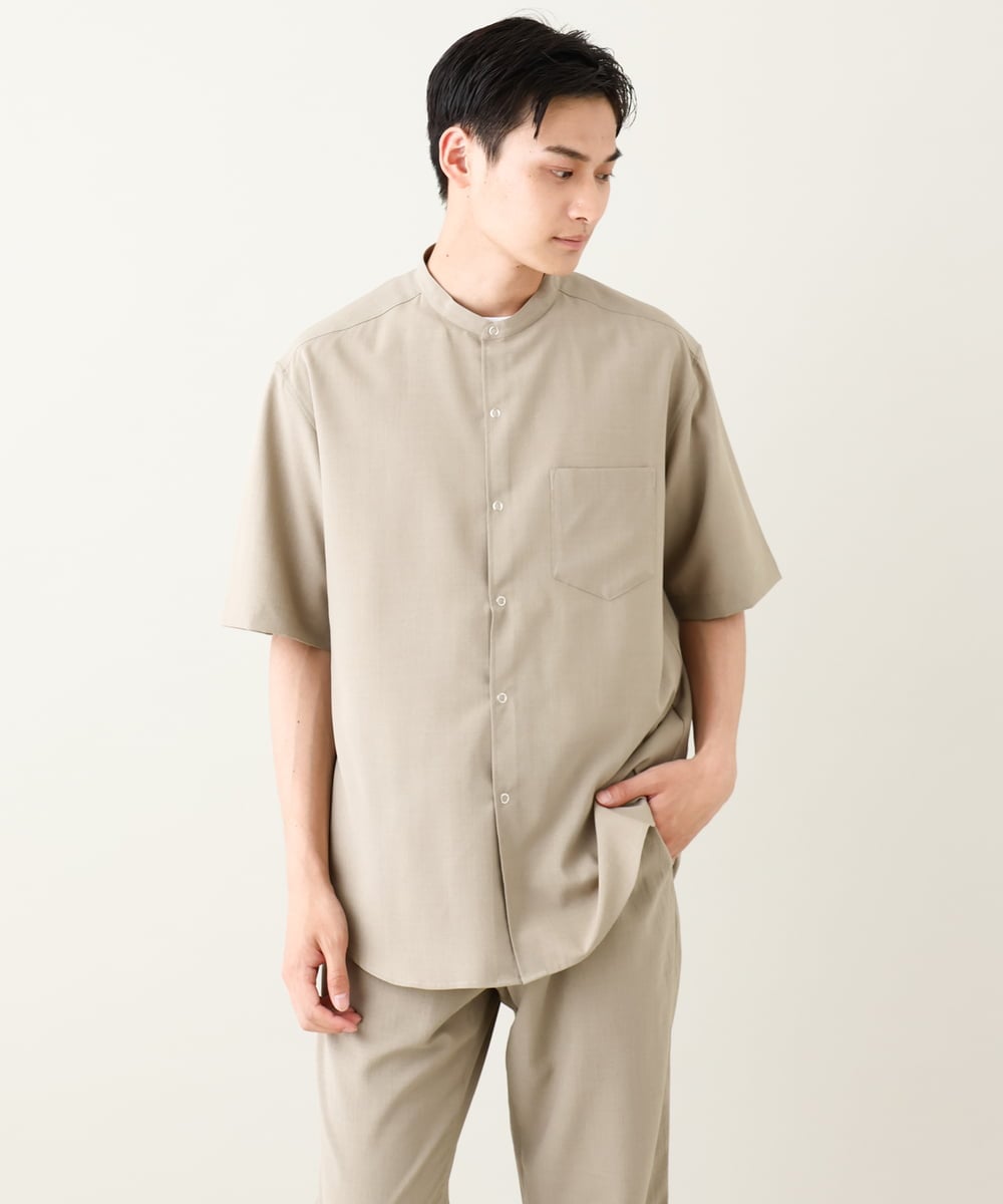 KHBHV77049 a.v.v MEN(アー・ヴェ・ヴェ) 【接触冷感】バンドカラーシャツ 5分袖（セットアップ可）リライトシリーズ3 ベージュ